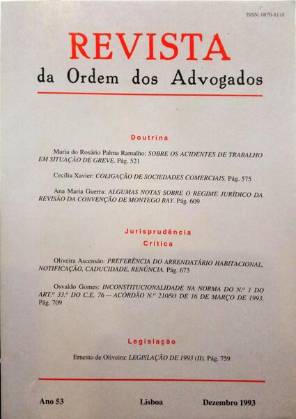 REVISTA DA ORDEM DOS ADVOGADOS ANO 53 - III, DEZEMBRO 1993.