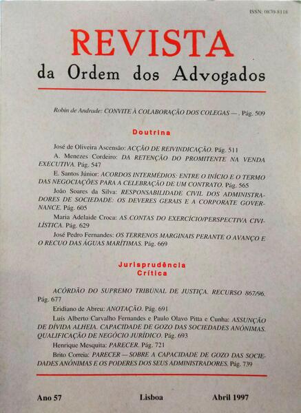 REVISTA DA ORDEM DOS ADVOGADOS ANO 57 - II, ABRIL 1997.