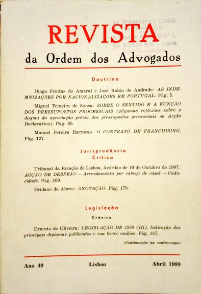 REVISTA DA ORDEM DOS ADVOGADOS ANO 49 - I, ABRIL 1989.