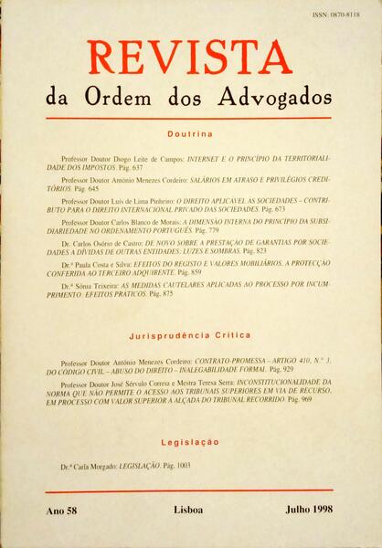 REVISTA DA ORDEM DOS ADVOGADOS ANO 58 - II, JULHO 1998.