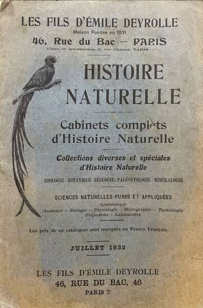 HISTOIRE NATURELLE, CABINETS COMPLETS D'HISTOIRE NATURELLE, JUILLET 1932.
