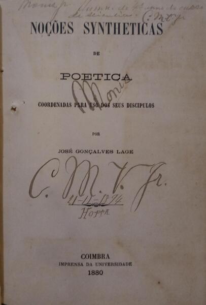 GONÇALVES LAGE. (José) NOÇÕES SYNTHETICAS DE POETICA.