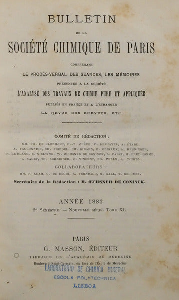 BULLETIN DE LA SOCIÉTÉ CHIMIQUE DE PARIS, TOME XL, NOUVELLE SÉRIE, 2.º SEMESTRE 1883.
