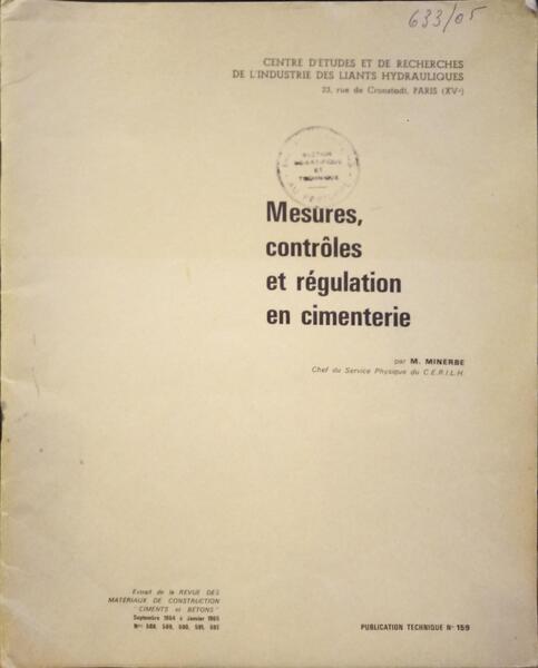 MESURES, CONTRÃ”LES ET RÃ‰GULATION EN CIMENTERIE. [4 OPÃšSCULOS]