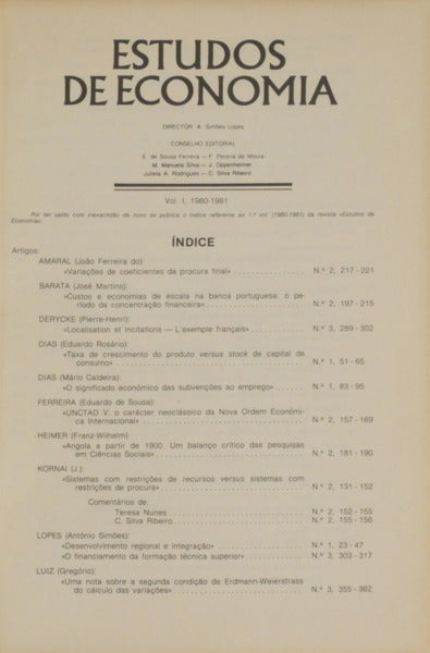ESTUDOS DE ECONOMIA, VOL. I, 1980-1981.