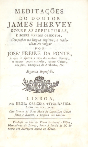 MEDITAÃ‡Ã•ES DO DOUTOR JAMES HERVEY SOBRE AS SEPULTURAS E SOBRE VARIOS OBJECTOS,