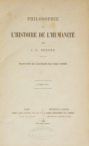 HERDER. (J. G.) PHILOSOPHIE DE L'HISTOIRE DE L'HUMANITÉ.
