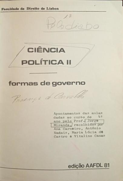 MIRANDA. (Jorge) CIÊNCIA POLÍTICA II, FORMAS DE GOVERNO.