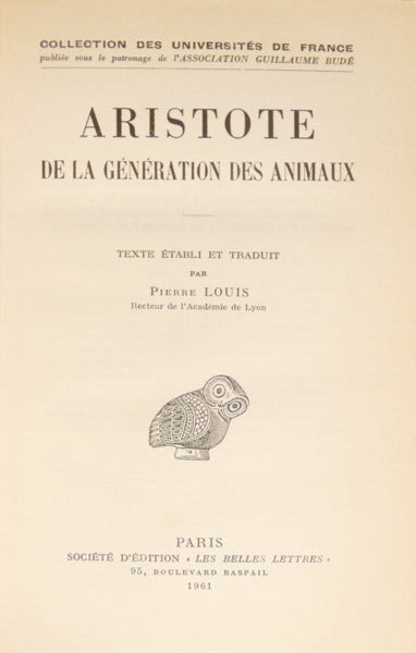 ARISTÓTELES. DE LA GÉNÉRATION DES ANIMAUX.