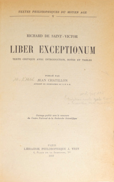 SAINT-VICTOR. (Richard de) LIBER EXCEPTIONUM.