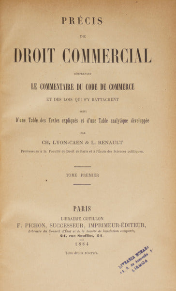 LYON-CAEN. (Ch.) e L. Renault. PRÉCIS DE DROIT COMMERCIAL. [2 VOLS.]