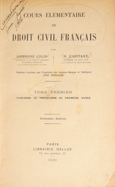 COLIN. (Ambroise) e H. Capitant. COURS ÉLÉMENTAIRE DE DROIT CIVIL FRANÇAIS. [2 VOLS.]