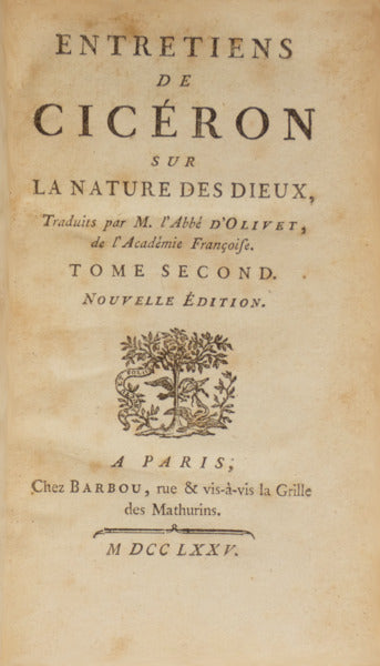 CÍCERO. (Marcus Tullius) ENTRETIENS DE CICÉRON SUR LA NATURE DES DIEUX, [2 VOLS.]