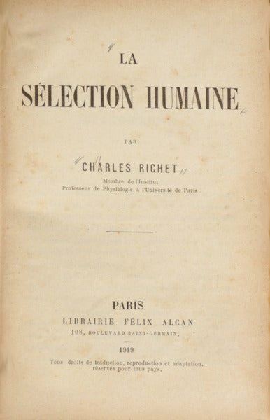 RICHET. (Charles) LA SÉLECTION HUMAINE.