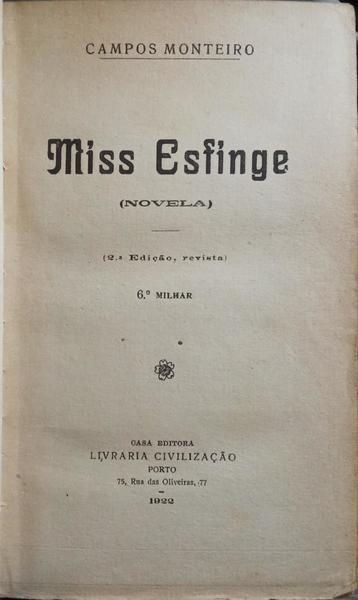 MISS ESFINGE. [2.ª EDIÇÃO, 6.º MILHAR]