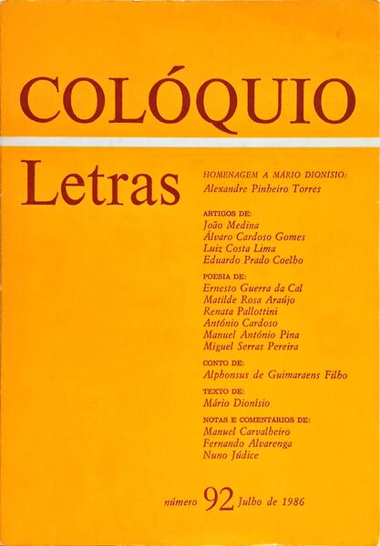 COLÓQUIO LETRAS, N.º 92, JULHO 1986.