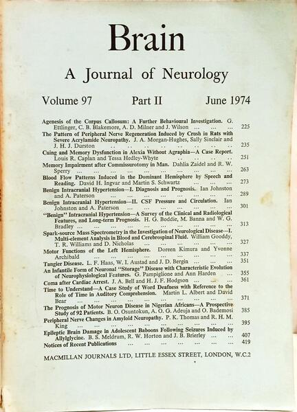 BRAIN, A JOURNAL OF NEUROLOGY, VOL. 97: PART. II JUNE 1974 - PART IV, DECEMBER 1974. [3 VOLS.]