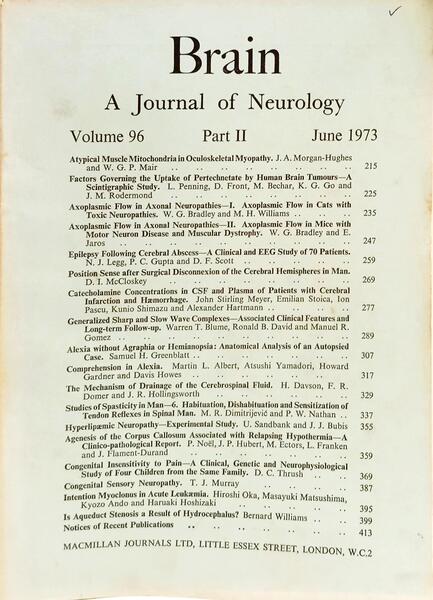 BRAIN, A JOURNAL OF NEUROLOGY, VOL. 96: PART. II JUNE 1973 - PART IV, DECEMBER 1973. [3 VOLS.]