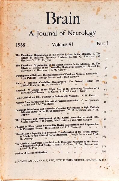 BRAIN, A JOURNAL OF NEUROLOGY, VOL. 91: PART. I, 1968 - PART IV, 1968. [2 VOLS.]
