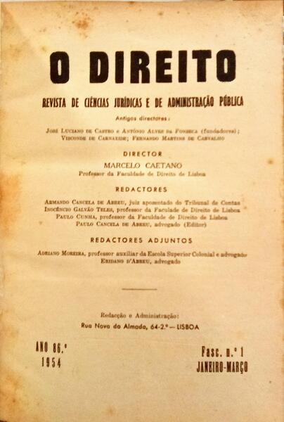 DIREITO (O): REVISTA DE CIÊNCIAS E DE ADMINISTRAÇÃO PÚBLICA, ANO 86.º, 1954.