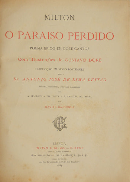 O PARAISO PERDIDO. [ED. 1884 - CONTÉM PREFÁCIO E O TEXTO DA TRADUÇÃO]
