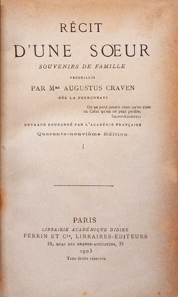 RÉCIT D'UNE SOEUR, SOUVENIRS DE FAMILLE. [2 VOLS., 49.ª EDIÇÃO]