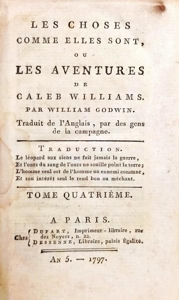 LES CHOSES COMME ELLES SONT, OU LES AVENTURES DE CALEB WILLIAMS.
