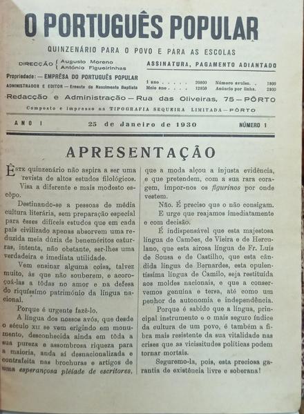 PORTUGUÊS (O) POPULAR, ANO I, N.º 1, 25 DE JANEIRO DE 1930.