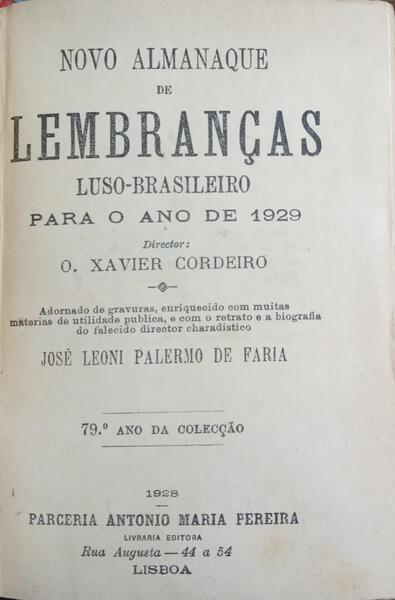 NOVO ALMANAQUE DE LEMBRANÇAS LUSO-BRASILEIRO PARA O ANO DE 1929.