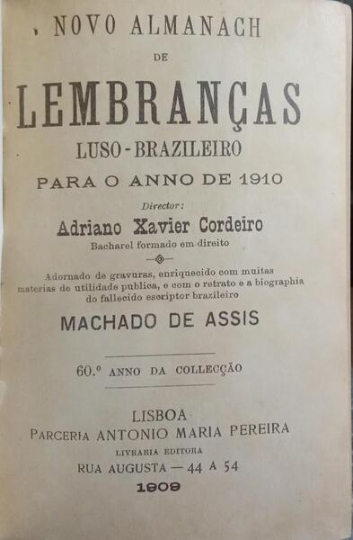 NOVO ALMANACH DE LEMBRANÇAS LUSO-BRAZILEIRO PARA O ANO DE 1910.