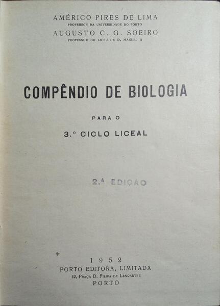 COMPÊNDIO DE BIOLOGIA PARA O 3.º CICLO LICEAL. [2.ª EDIÇÃO]