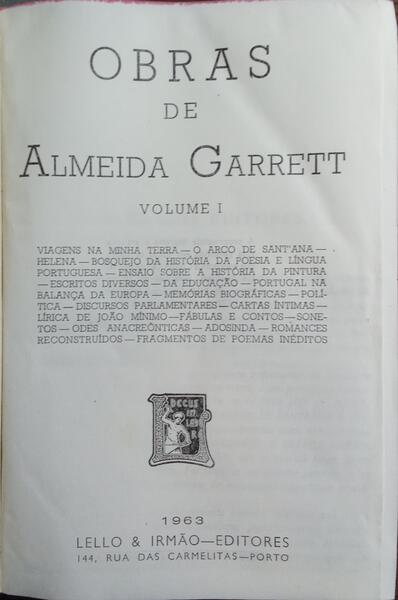 OBRAS DE ALMEIDA GARRETT, VOLUME I.