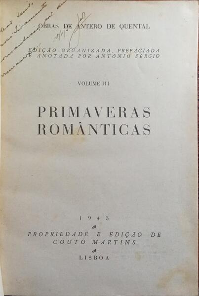 PRIMAVERAS ROMÂNTICAS. [3.º VOL.]