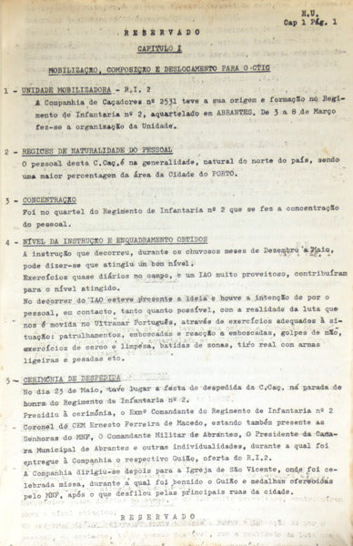 COMPANHIA DE CAÇADORES 2531. HISTÓRIA DA UNIDADE E OUTROS DOCUMENTOS. [ARQUIVO PESSOAL DE ALBERTO JOSÉ DUARTE DA SILVA DUQUE]