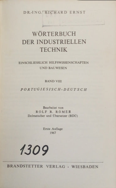 DICIONÁRIO DE TÉCNICA INDUSTRIAL. WORTERBUCH DER INDUSTRIELLEN TECHNIK. [TOMO VIII]