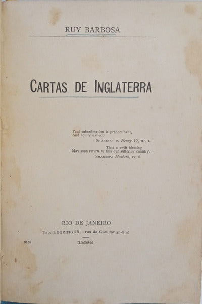 BARBOSA DE OLIVEIRA. (Rui) CARTAS DE INGLATERRA. [1.ª EDIÇÃO]