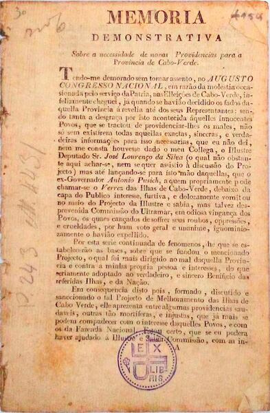 MEMORIA DEMONSTRATIVA SOBRE A NECESSIDADE DE NOVAS PROVIDENCIAS PARA A PROVINCIA DE CABO-VERDE.