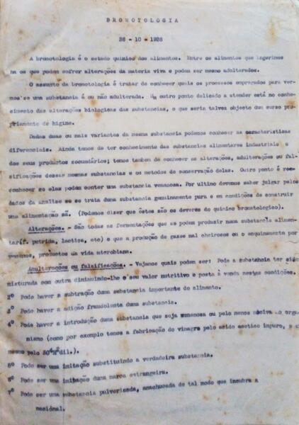 LIÃ‡Ã•ES DE BROMATOLOGIA - MANUSCRITO DACTILOGRAFADO - 1927.