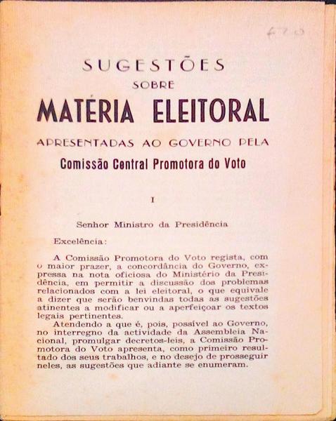 SUGESTÃ•ES SOBRE MATÃ‰RIA ELEITORAL APRESENTADAS AO GOVERNO PELA COMISSÃƒO CENTRAL PROMOTORA DO VOTO.