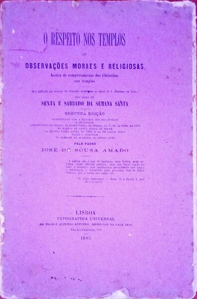 O RESPEITO NOS TEMPLOS. Ou ObservaÃ§Ãµes Moraes e Religiosas.