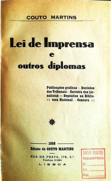 LEI DA IMPRENSA E OUTROS DIPLOMAS.