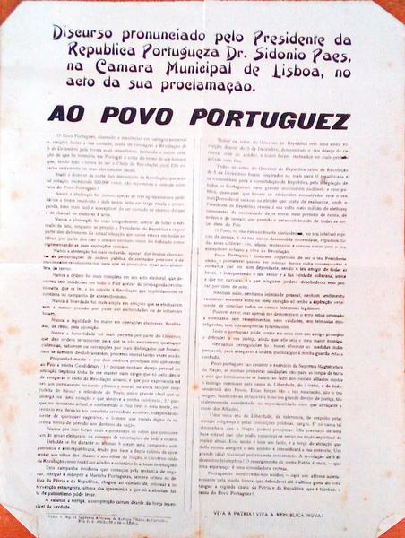 DISCURSO PRONUNCIADO PELO PRESIDENTE DA REPUBLICA PORTUGUEZA DR. SIDONIO PAES, NA CAMARA MUNICIPAL DE LISBOA, NO ACTO DA SUA PROCLAMAÃ‡ÃƒO.